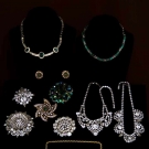 GLITZY COSTUME BROOCHES &amp; NECKLACES, MID 20TH C