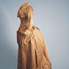 TAN SILK BROCADE BUSTLE GOWN, LATE 1880s