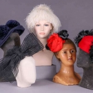 FIVE FEATHERED OR RAFFIA PARTY HATS, 1950-1960s