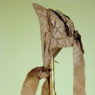 TAUPE SILK &amp; STRAW LACE SPOON BONNET, 1860s