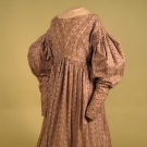 BROWN &amp; PURPLE STRIPED DRESS, LATE 1830s